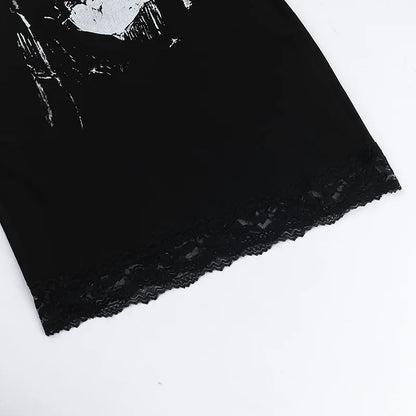 Streetwear Anime Skull Print Straps Mini Dress Fairy Lace Stitch Club Outfits Slim Sexy Bodycon Dresses Mall Gothic