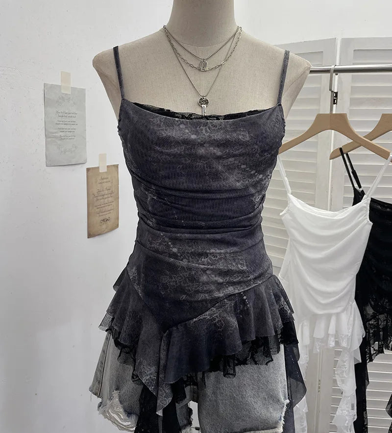 Summer Y2K Camisole for Women Casual Spaghetti Straps Double Layers Lace Stretch Mesh Patchwork Asymmetrical Slim Tops