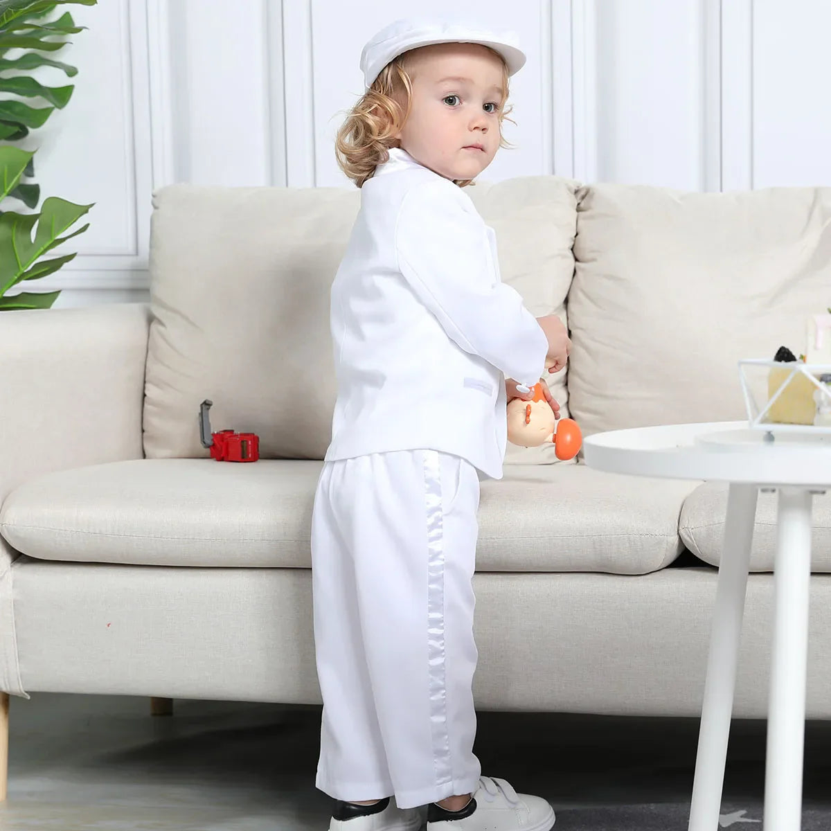 Baby Boy Baptism Outfit Infant White Christening Suit with Hat Toddler Wedding Birthday Party Clothing Long Sleeved Tuxedo 5PCS