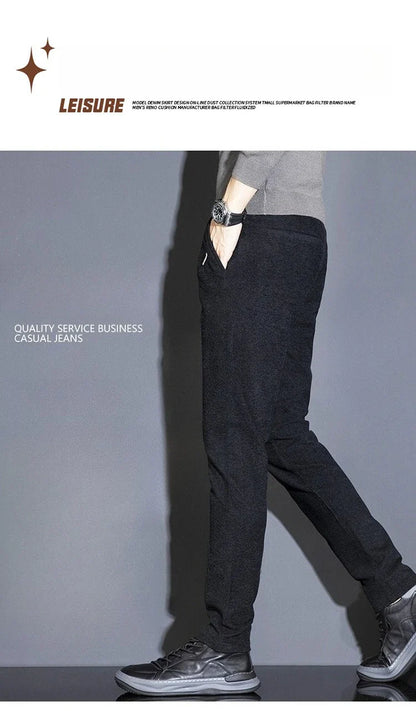Men's Solid Straight Casual Pants Autumn Woolen Slim Fit Office Pants Vintage Elastic Waist Youth Trousers Everyday Wear