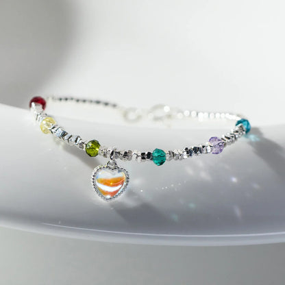 925 Sterling Silver Rainbow Color Crystal Beads Bracelet Charm Heart Moonstone Link Chain Bracelets For Women Jewelry