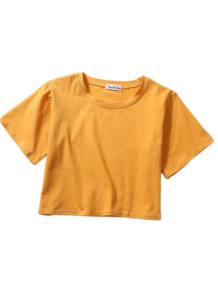 Summer Short Sleeve T Shirts Women  Solid T-shirt O Neck High Waist Crop Top Tee Female Casual Loose T Shirt