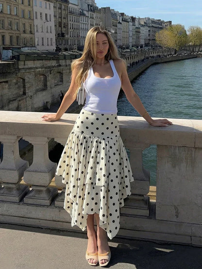 Elegant Summer Women Polka Dot Midi Skirt 2026 High Waist Irregular Hem Flowy Ruffle Skirt Beach Vacation Office Party Casual