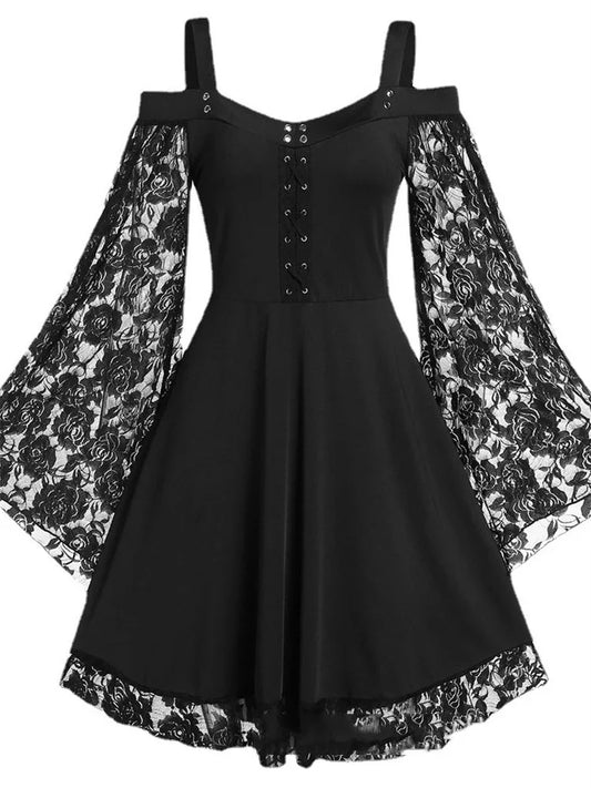 One-shoulder Lace Stitching Flared Sleeve Dress Literary Vintage Autumn Grunge Black A-line Dress Punk Partywear