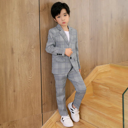 Spring Autumn Kids Boys Suits Elegant Children Boys Plaid Blazer Pant Suits Outfits Set Young Teenager Boys Formal Wedding Suits