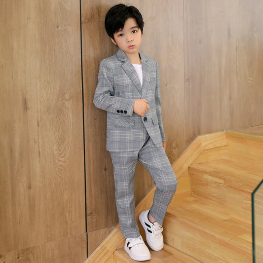 Spring Autumn Kids Boys Suits Elegant Children Boys Plaid Blazer Pant Suits Outfits Set Young Teenager Boys Formal Wedding Suits