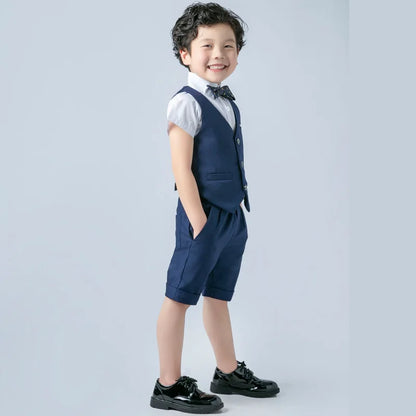 Boys Formal Birthday Photograph Suit Kids Summer Vest Shirt Short Bowtie Wedding Dress Teenager Suit Children Graduation Costume