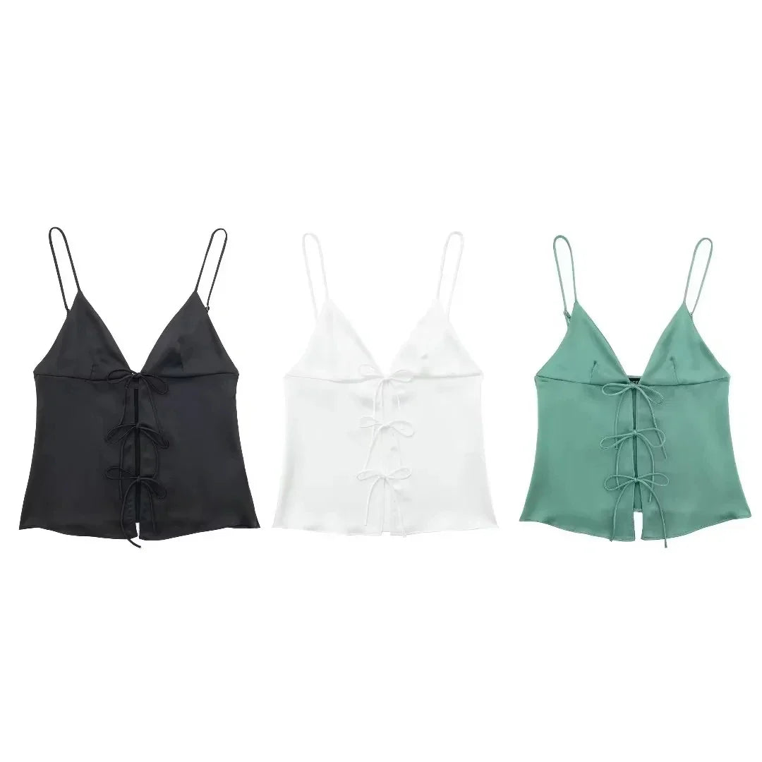 Women Front Bow Tie Top Elegant V Neck Solid Camis Sleeveless Backless Sexy Lady Straps Tanks Y2k Female Slim Crop Tops