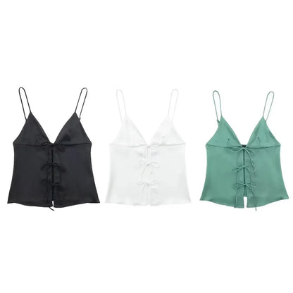 Women Front Bow Tie Top Elegant V Neck Solid Camis Sleeveless Backless Sexy Lady Straps Tanks Y2k Female Slim Crop Tops