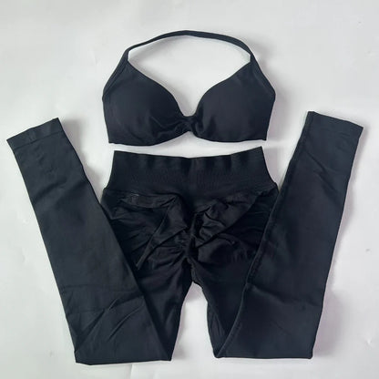 2 Pieces Set For Woman Strappy Yoga Bra Sports Top Workout Leggings Set Seamless Gym Set Fitness Clothes Outfit Activewear