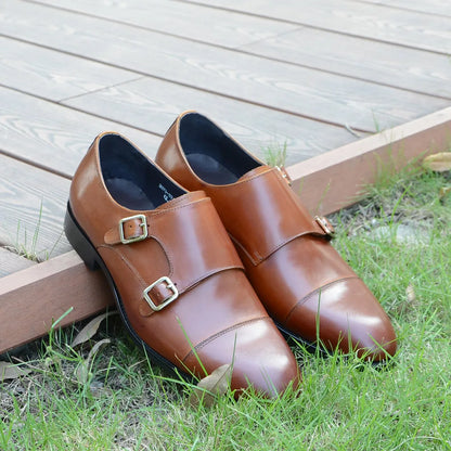Luxury Men's Wedding Formal Shoes Genuine Leather Pure Brown Black Double Buckle Monk Strap Cap Toe Business Office Dress Shoes