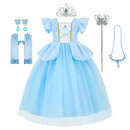 Girls Cosplay Cinderella Costume Deluxe Lace Dress Birthday Party Princess Fairy Tale Grace Ball Gown Butterfly Clothes