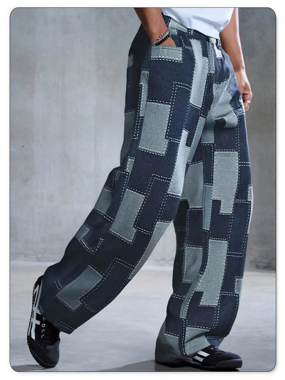 Spring Summer Comfortable Baggy Wide Leg Jacquard Jeans Casual Fashion Pixel Pattern Street Denim Pants Korean Unisex Pants