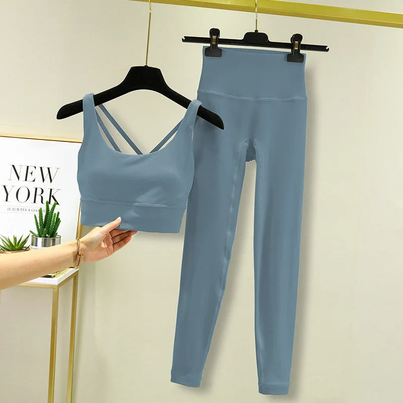 TRY TO BN Tummy Control Gym Set 2 Piece High Waisted Leggings Cross Bra Squat Proof Fitness Breathable Yoga Outfits Workout Set