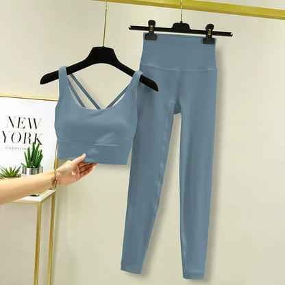 TRY TO BN Tummy Control Gym Set 2 Piece High Waisted Leggings Cross Bra Squat Proof Fitness Breathable Yoga Outfits Workout Set