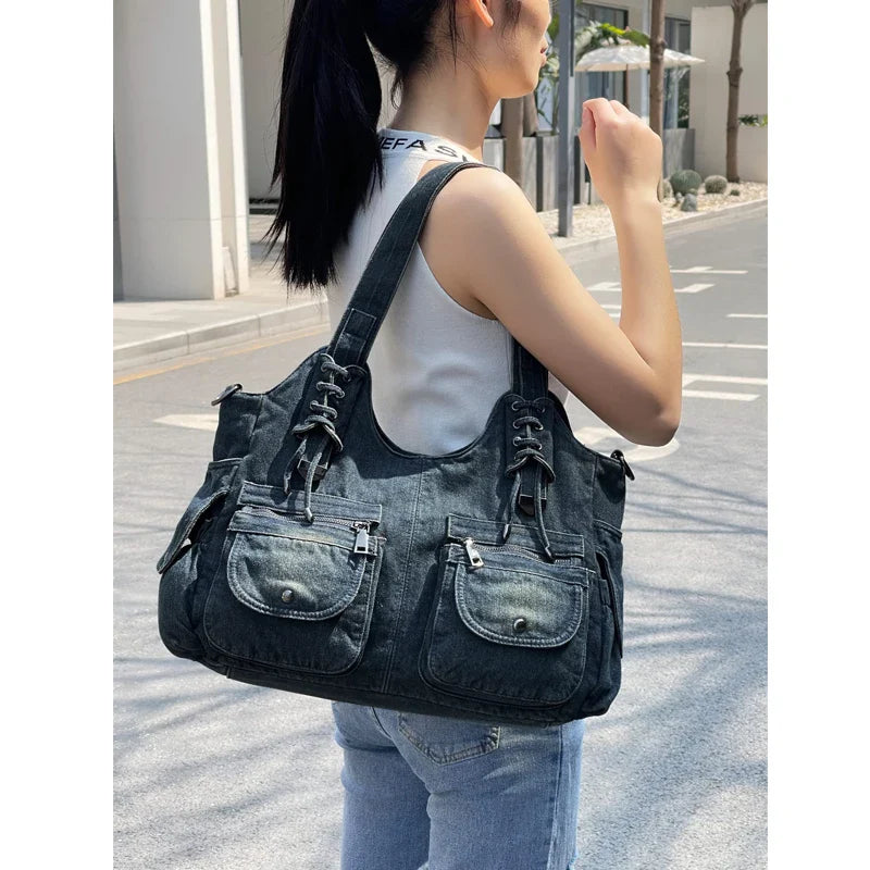 Women's Denim Bag Y2K Vintage Blue Jean Purse and Handbags Crossbody Shoulder Wallet Large Capacity