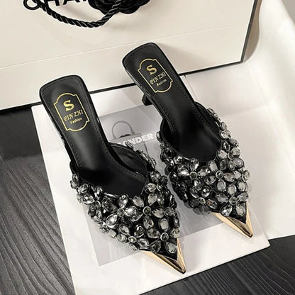 Luxury Rhinestones Pointed Toe Mules Pumps Women Slippers Summer New Fashion Slides Designer High Heeled Sandals Female Tacones