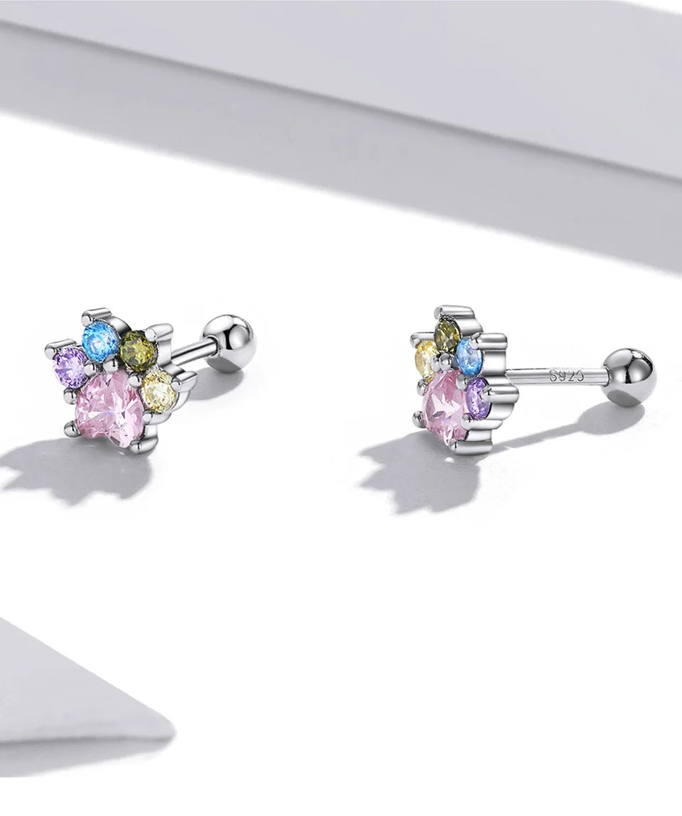 925 Sterling Silver Animals Cute Paws Rainbow Stud Earrings For Women Heart Oval Flower Zircon Crab Ear Studs Jewelry Gift