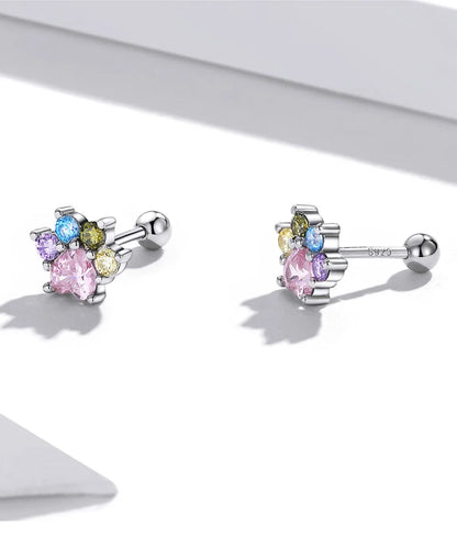 925 Sterling Silver Animals Cute Paws Rainbow Stud Earrings For Women Heart Oval Flower Zircon Crab Ear Studs Jewelry Gift