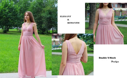 Elegant Burgundy V Neck Long Evening Dresses Summer Sleeveless Chiffon Ruched Formal Wedding Party Prom Gowns Vestido De Fiesta