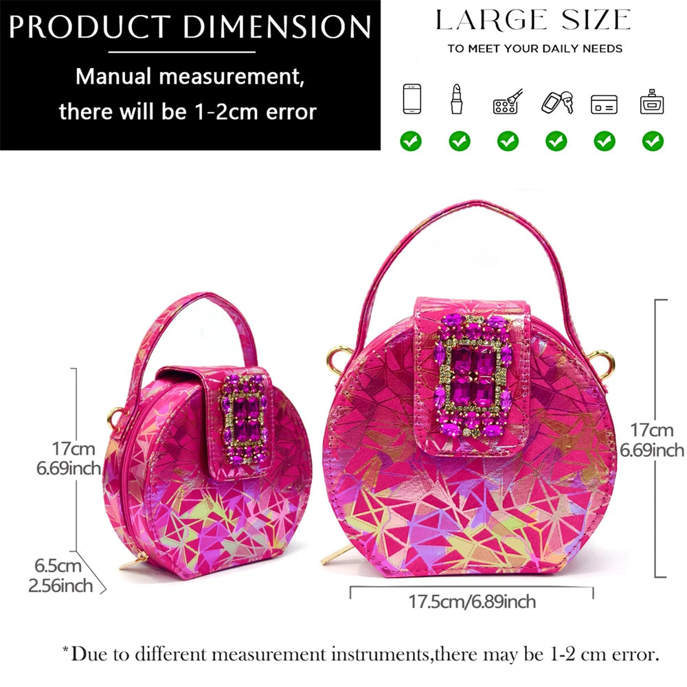 Elegant Women Heels for Peep Toe Good Material Design Rhinestone Fuchsia Sandals Italian Shoes and Bags Matching Set 2025