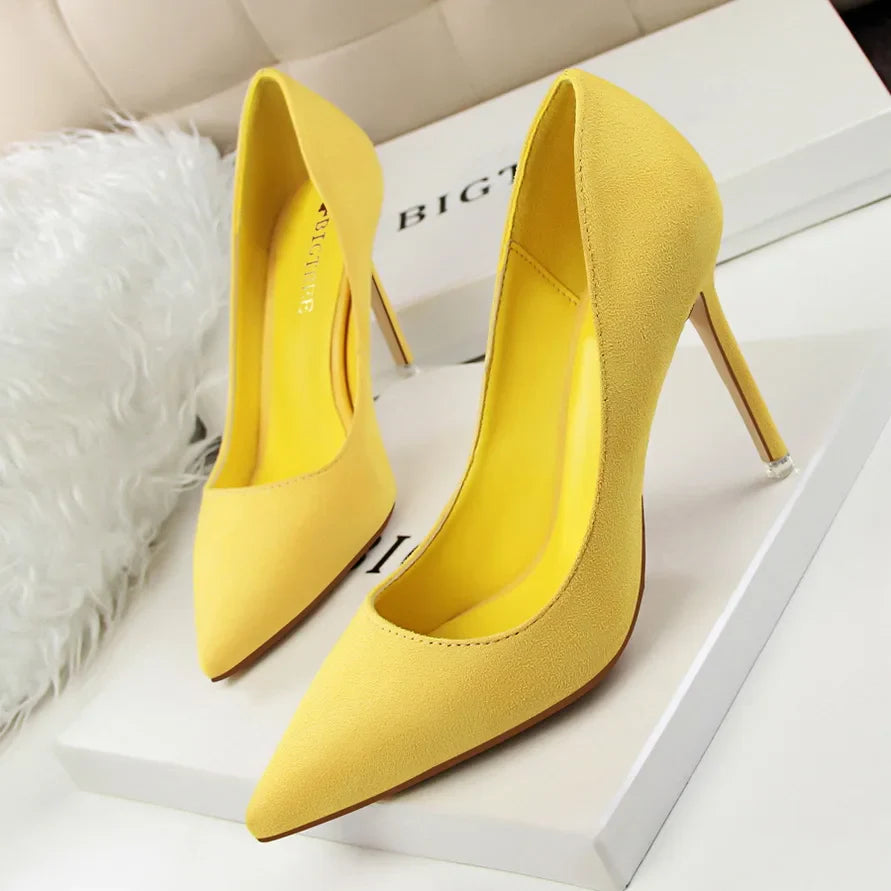Women 9cm High Heels Yellow Burgundy Pumps Plus Size Stripper Suede Escarpins Lady Wedding Bridal Scarpins Green Blue Prom Shoes