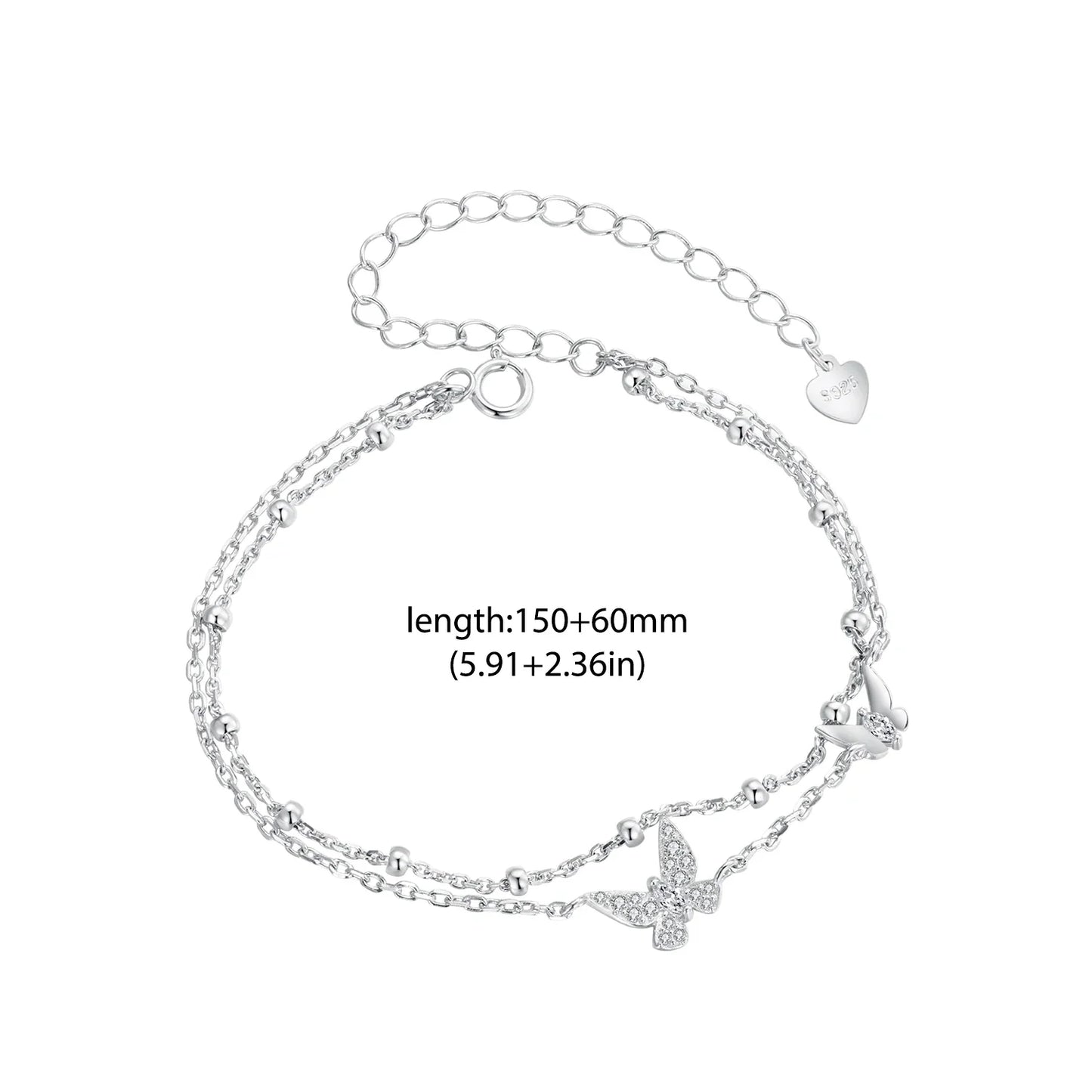 Womens Double-Layer Butterfly Bracelet 925 Sterling Silver CZ Layered Bracelet Dainty Beaded Chain Adjustable 5.9"+2.3"