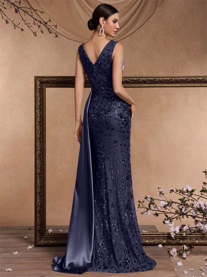 Elegant V-neck Splice Ribbons Sequins Evening Dresses Woman Sleeveless Mermaid Formal Luxury Wedding Party Prom