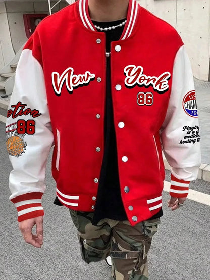 Summer Manfinity EMRG Oversized Men's Drop Shoulder Varsity Jacket with Letter Graphic Striped Trim and Colorblock Design
