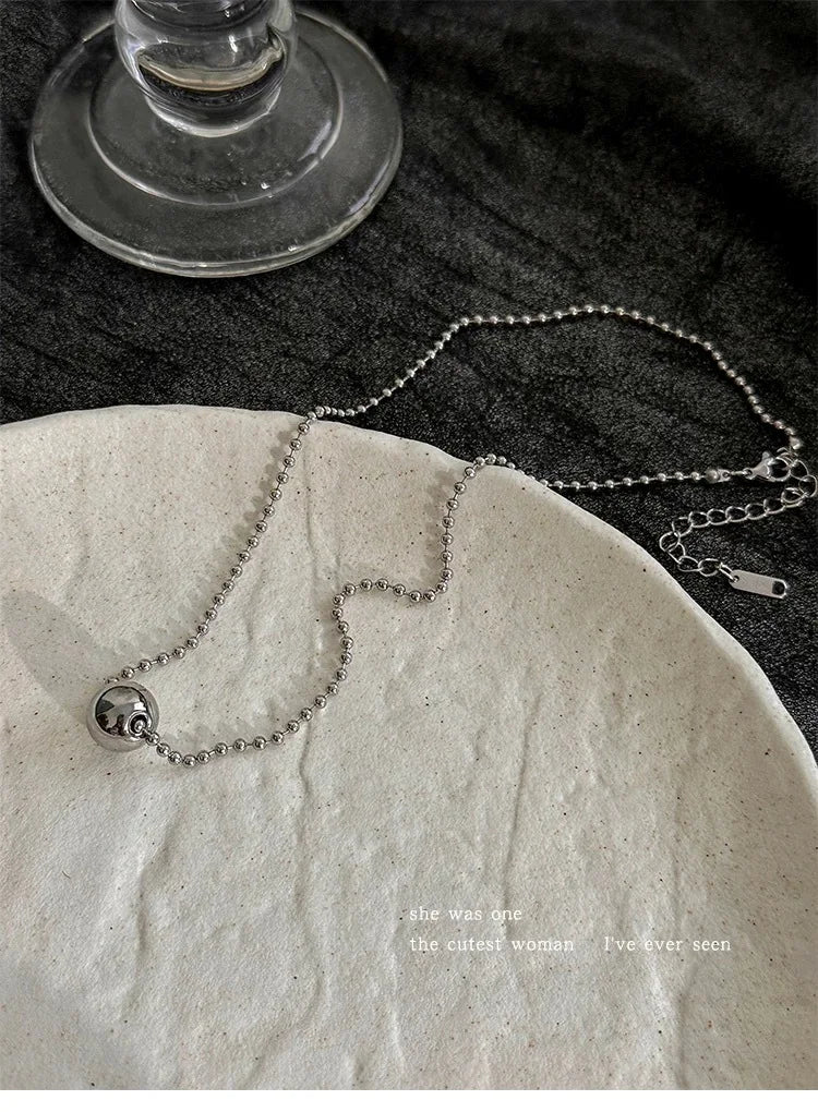 Personality Design Silver Color Stainless Steel Beaded Ball Pendant Necklace for Women Double Layer Hip Hop Rock Chokers Jewelry