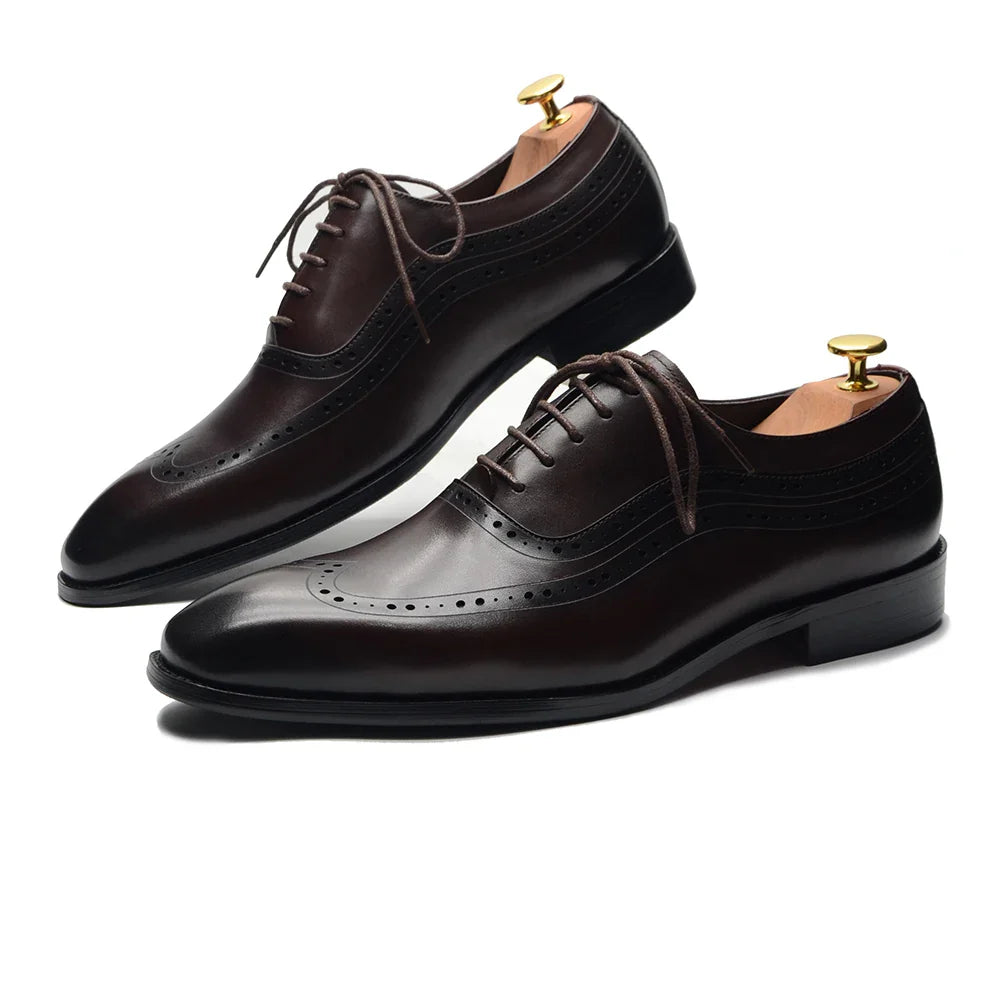 Luxury Mens Wingtip Oxford Dress Shoes Genuine Leather Brogue Dark Brown Lace-up Pointy Toe Business Office Wedding Formal Shoes