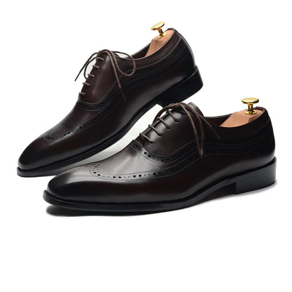 Luxury Mens Wingtip Oxford Dress Shoes Genuine Leather Brogue Dark Brown Lace-up Pointy Toe Business Office Wedding Formal Shoes