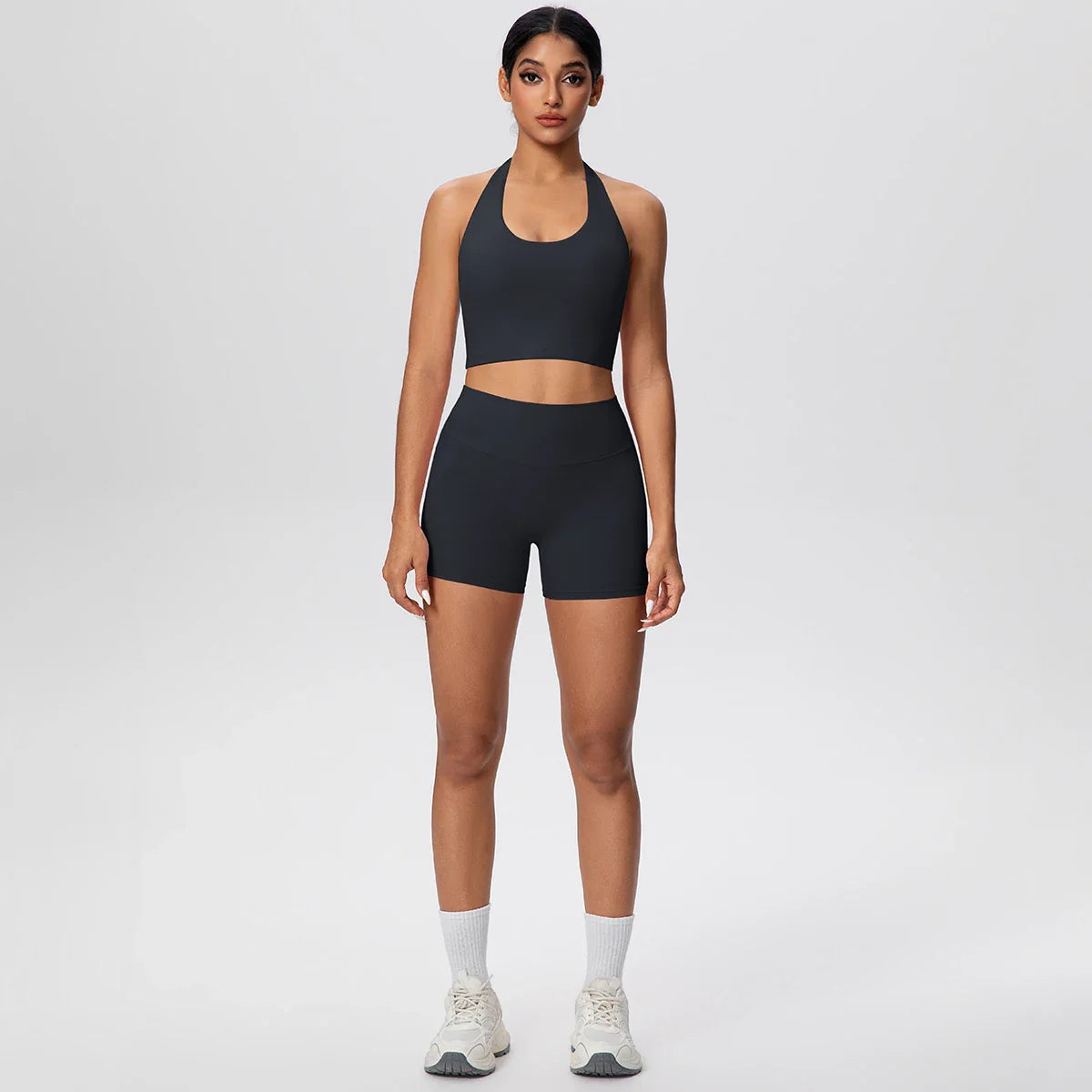 2picese Women Yoga Suit Solid Color High Waist Hip Push Up Fitness Shorts Sexy Pilates Backless Gym Hanging Neck Bra Yoga Set