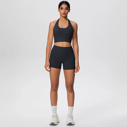 2picese Women Yoga Suit Solid Color High Waist Hip Push Up Fitness Shorts Sexy Pilates Backless Gym Hanging Neck Bra Yoga Set