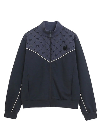 Embroidery Zip Up Sweatshirt Women Casual Stand Collar Bomber Jacket Patchwork Contrast Color Jumper Outwear Top