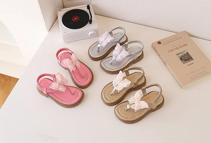Korean Style Little Girl Sandal Clip-toe Children's Princess Beach Slippers Sweet Lace Butterfly Kids Fashion Flat Sandals New