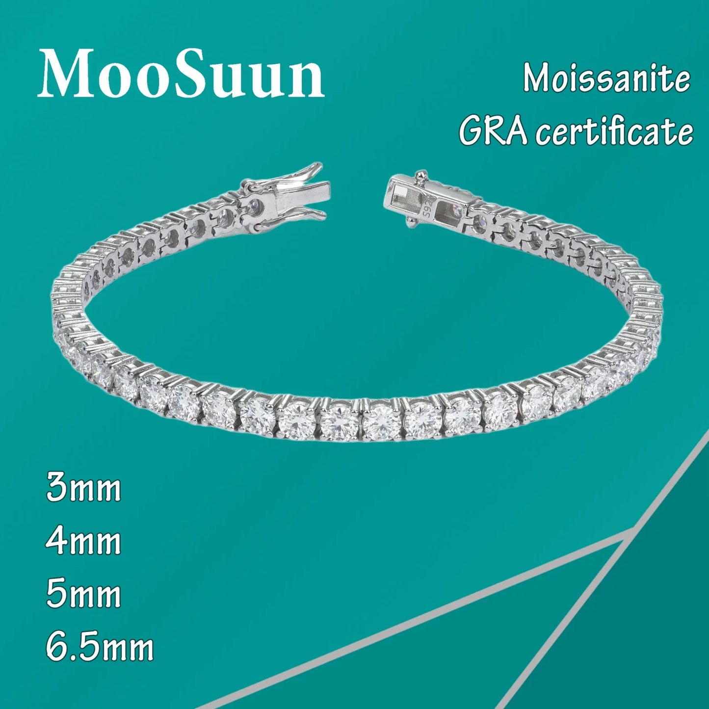 MooSuun 3mm--6.5mm Moissanite Diamond Tennis Bracelet for Women Men Luxury Fine Jewelry Pass Test S925 Sterling Silver