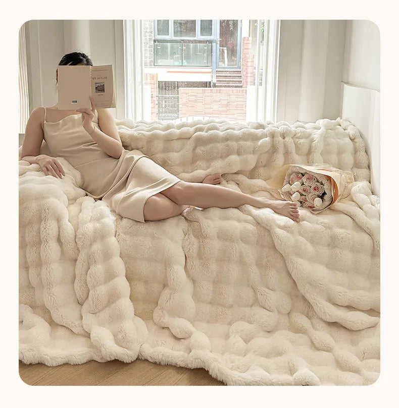 2025 new solid color imitation rabbit plush milk plush thickened thermal leisure home blanket office nap blanket, no pillowcase.