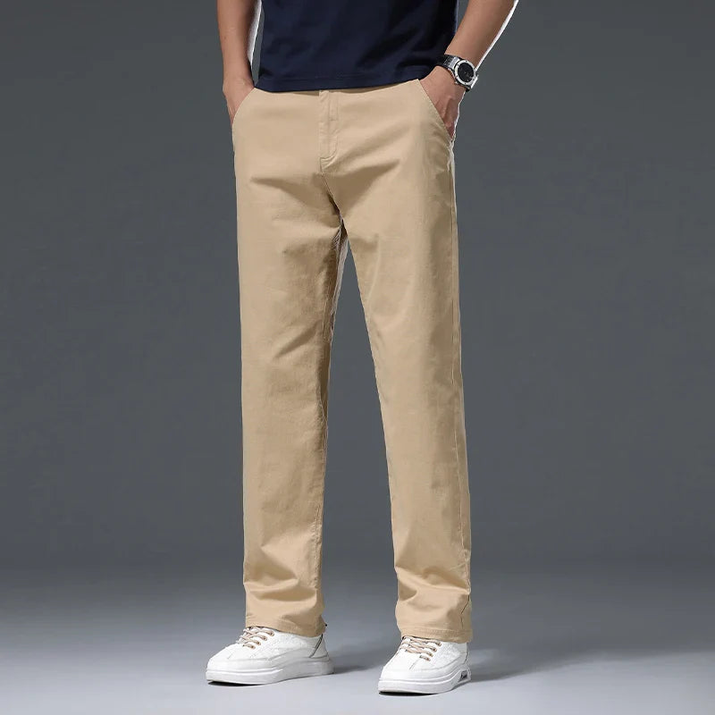 New Men's Business Cotton Thin Straight Pants Casual Elastic Slim Comfortable Male Brand Trousers Black Gray Khaki Royal Blue