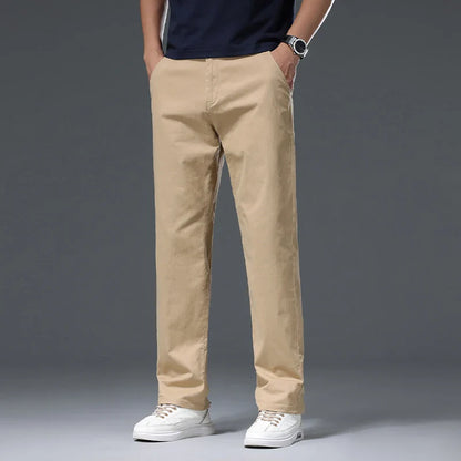 New Men's Business Cotton Thin Straight Pants Casual Elastic Slim Comfortable Male Brand Trousers Black Gray Khaki Royal Blue