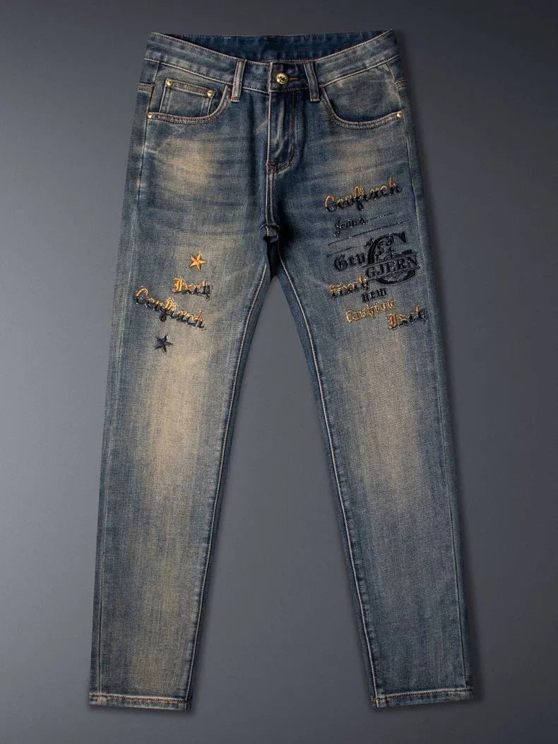 New Spring/Autumn Fashion Trendy Printed American Retro Straight Leg Jeans Men's Casual Sports High Quality Stretch Denim Pants