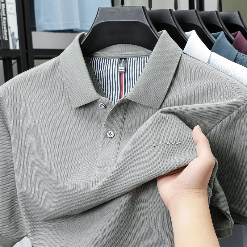 Brand 100%pure cotton short sleeve polo shirt men's new fashion letter embossed business casual solid color summer lapel T-shirt