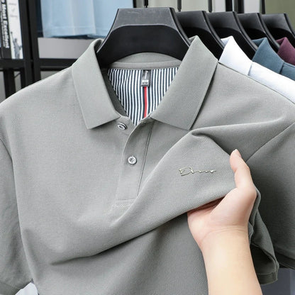 Brand 100%pure cotton short sleeve polo shirt men's new fashion letter embossed business casual solid color summer lapel T-shirt