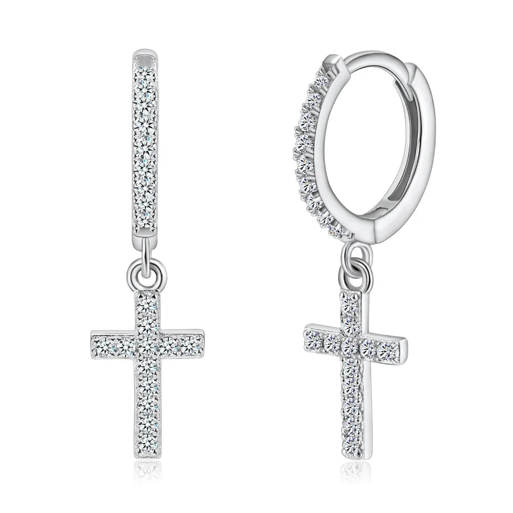 Full Moissanite Earrings for Men/Women Cross Drop 925 Sterling Silver Hoop Earrings D Color VVS1 Hip Hop Couple Jewelry