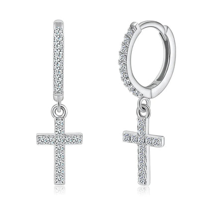 Full Moissanite Earrings for Men/Women Cross Drop 925 Sterling Silver Hoop Earrings D Color VVS1 Hip Hop Couple Jewelry