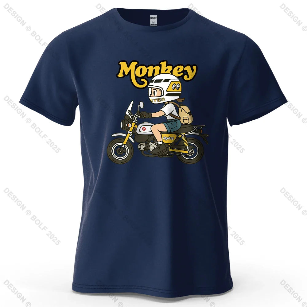 Men's Monkey Motorcycle Graphic Short Sleeve T-Shirt 100% Cotton Cartoon Printed Tops Tee for Women Summer Casual Sportswear
