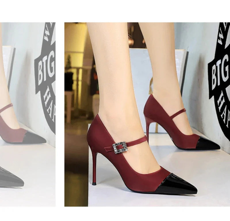 Banquet High Heels Thin Heels Light Mouth Color-Blocked Pointed Toe Rhinestones One-Strip Ultra High Heels Single Shoes Elegant