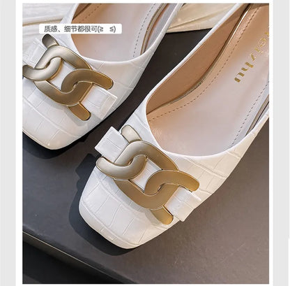 Plus Size 35-43 Women Pumps Med Heel Square Toe Pumps Office Lady Leahter Shoes Big Gold Metal Chain Soft Soles Slip on Shoes