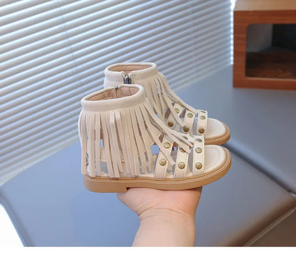 England Style Fashion Tassel Sandals Summer New Side Zipper Rivet High-top Sandals Student Beige Brown Roman Shoes Fringe I05235