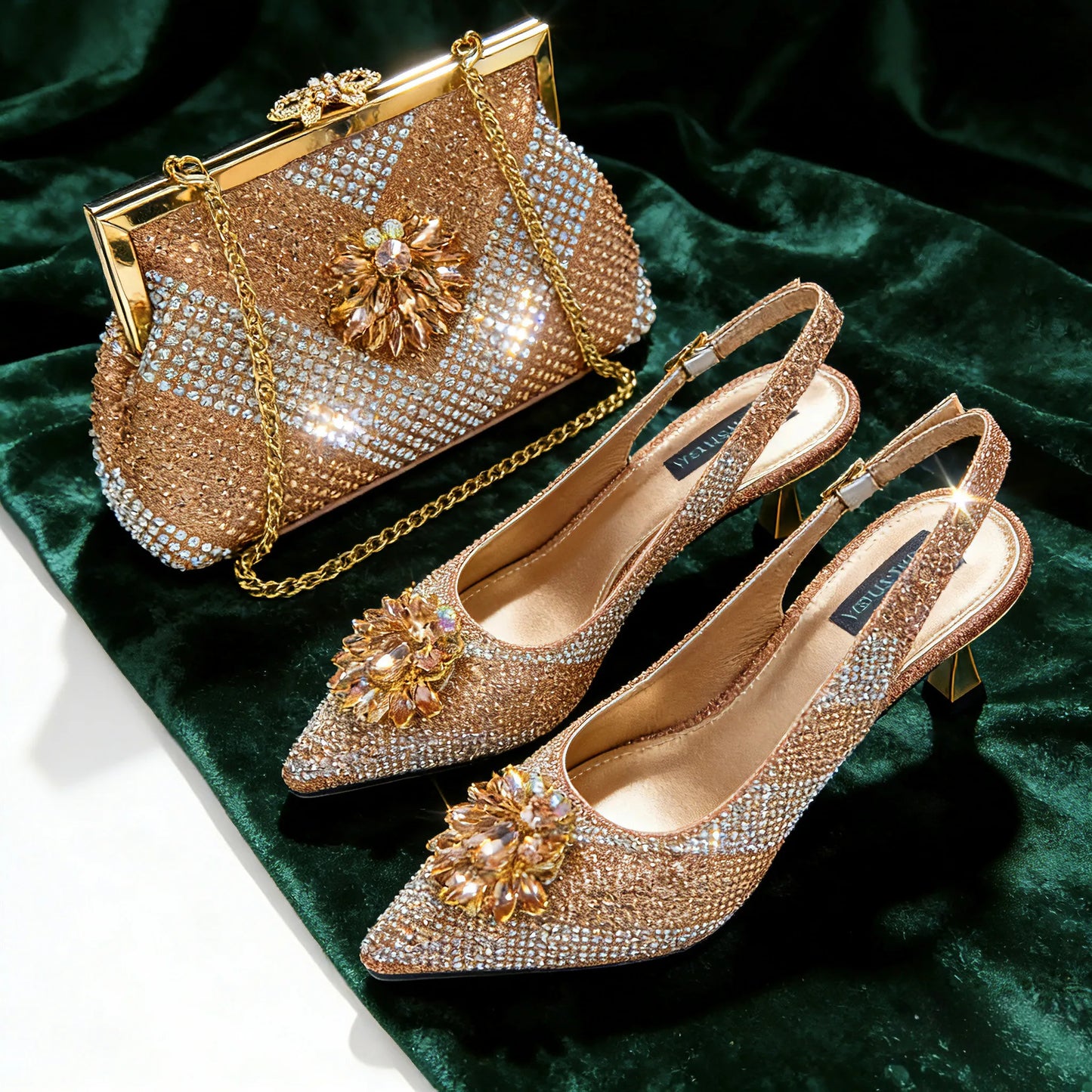 Italian Luxury Rhinestone Wine Pointed Toe High Heels with Matching Bag Set – Ideal for Parties and Special